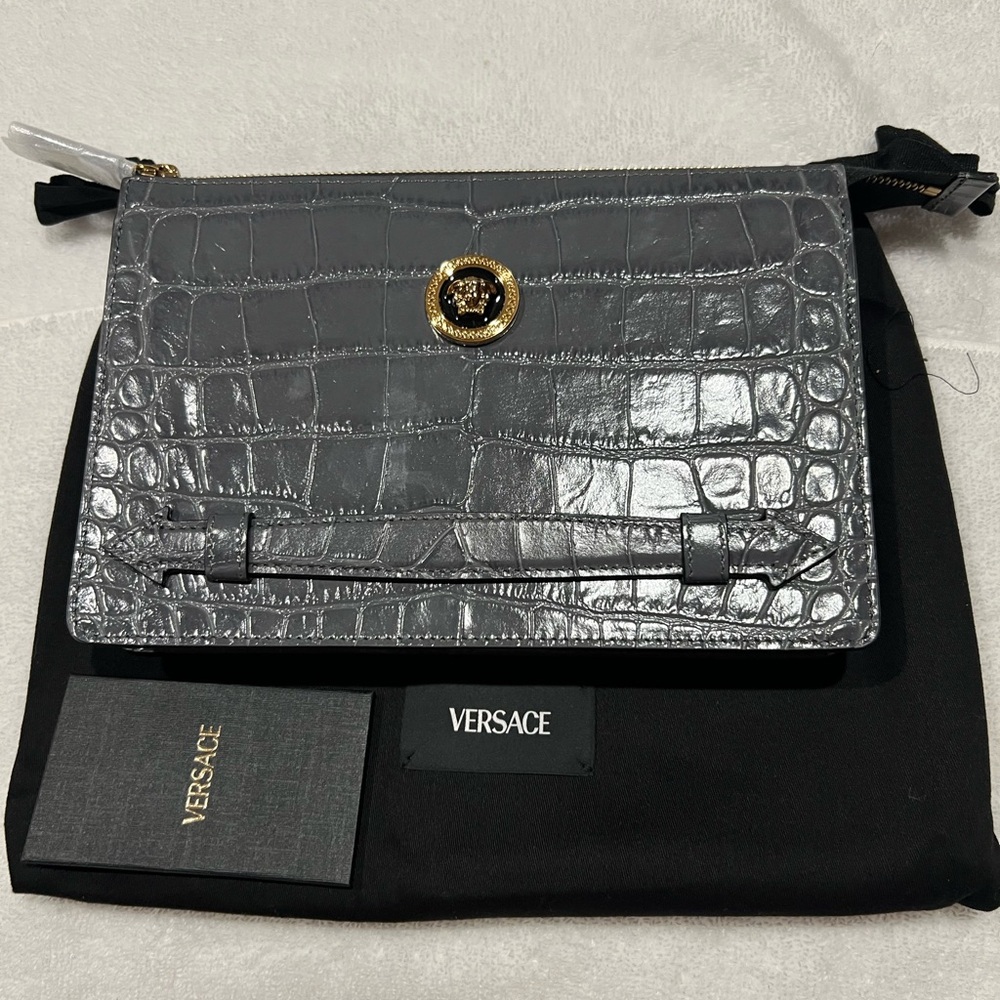 Versace Silver Crocodile Embossed Clutch